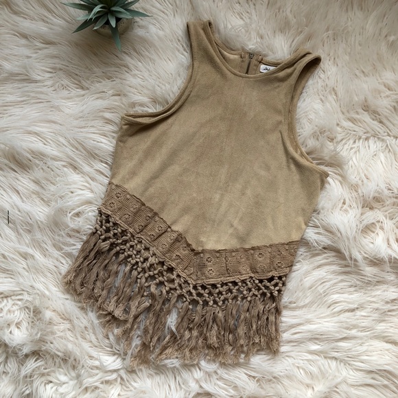 skyler & jade Tops - Suede V-Hem Tank Top with Fringe Detail